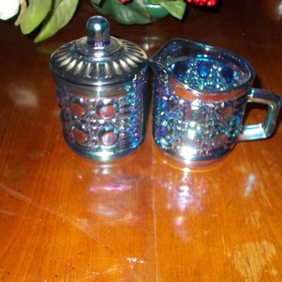 Antique Indiana Windsor Iridescent Blue Carnival Glass Sugar and Creamer