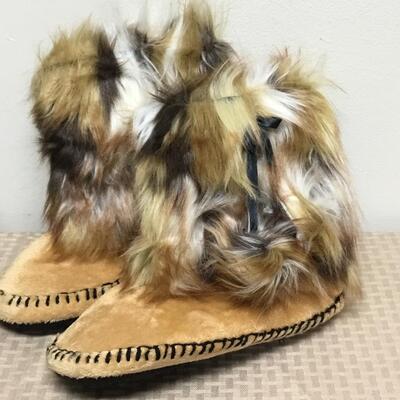 Natural Fox Faux Fur Bootie Slipper Shoes Size L Adrienne Landau