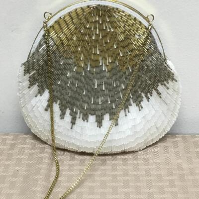 Vintage Gold Silver & White Beaded Purse Clutch Evening Bag