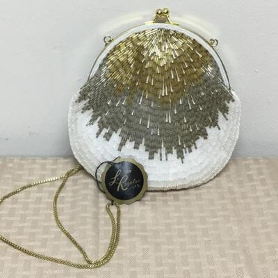 Vintage Gold Silver & White Beaded Purse Clutch Evening Bag
