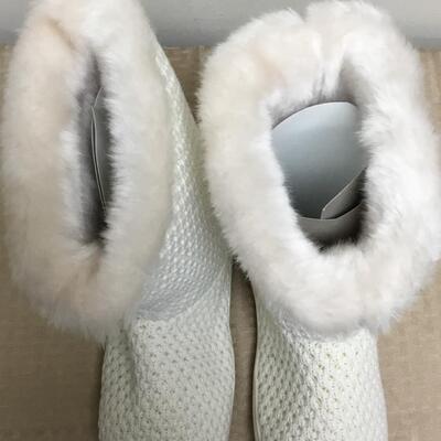 White Crochet Fleece Lined Boot with Gold Rhinestones
