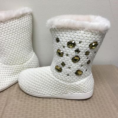 White Crochet Fleece Lined Boot with Gold Rhinestones