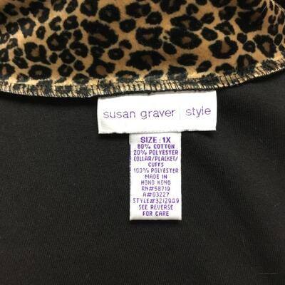 Black Zip Front Leopard Print Trim Light Weight Jacket Tunic Susan Graver Style 1x