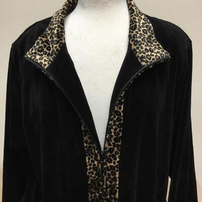 Black Zip Front Leopard Print Trim Light Weight Jacket Tunic Susan Graver Style 1x