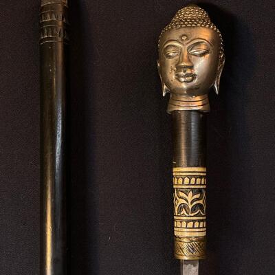 Cast Buddha Head Sword Cane Walking Stick