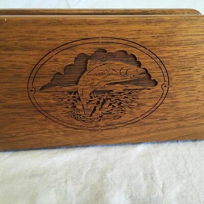 Vintage Engraved Walnut Wood Letter Napkin Holder Sea Scene