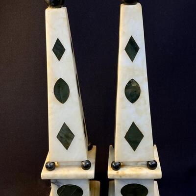 Pair Inlaid Marble White And Black Obelisks Lamp Bases