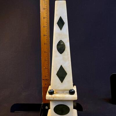 Pair Inlaid Marble White And Black Obelisks Lamp Bases