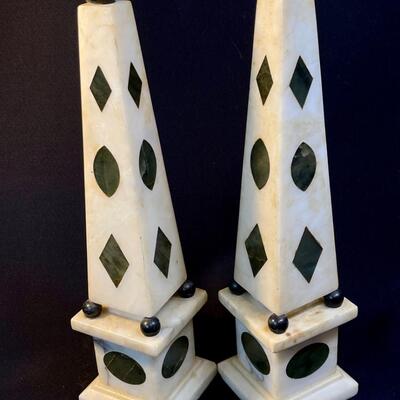 Pair Inlaid Marble White And Black Obelisks Lamp Bases