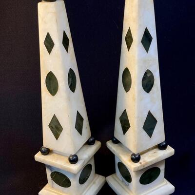 Pair Inlaid Marble White And Black Obelisks Lamp Bases