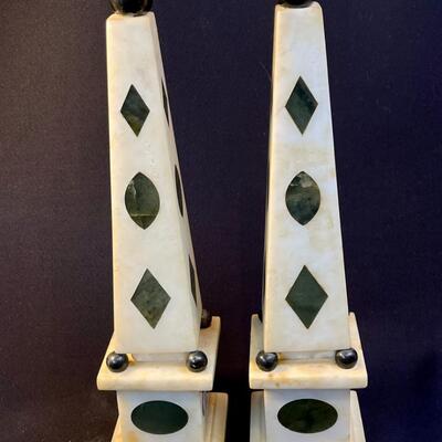 Pair Inlaid Marble White And Black Obelisks Lamp Bases