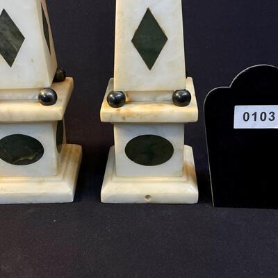 Pair Inlaid Marble White And Black Obelisks Lamp Bases