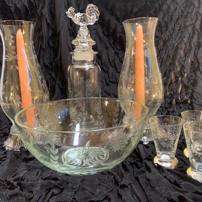 Stunning Antique Ensemble of Etched Crystal Candle Light Dinner for Two