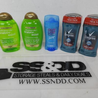 7 pc Personal Care: OGX Shampoo & Conditioner, Secret & Degree Deodorant - New