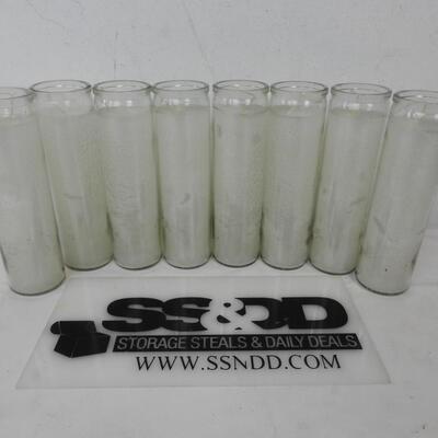 Qty 8 Solid White Wax Candles in Clear Glass Jars 8