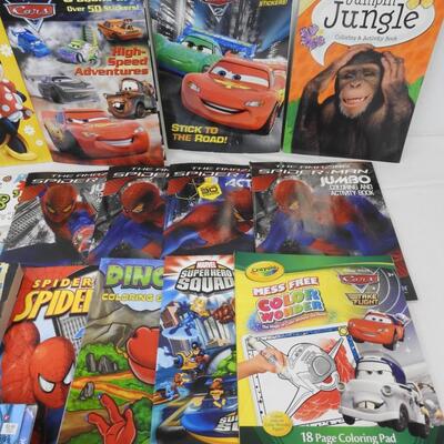 Qty 15 Coloring & Activity Books for Kids Spider-Man, Cars, Dinosaurs - New