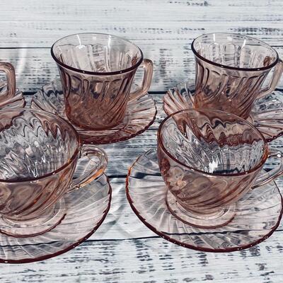 Set of 7 Depression Glass Pink Swirl Tea Coffee Cups with Saucers