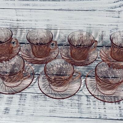 Set of 7 Depression Glass Pink Swirl Tea Coffee Cups with Saucers