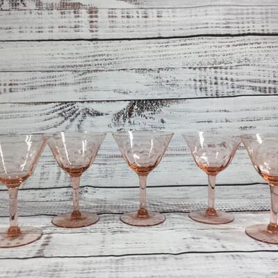 Vintage Blush Pink Set of Five Wine/Cocktail Glasses