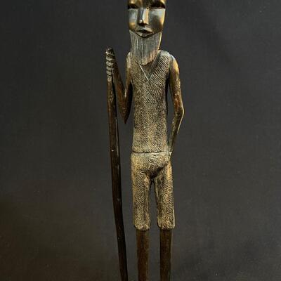 Carved Tall Bearded African Man w Walking Stick Besmo