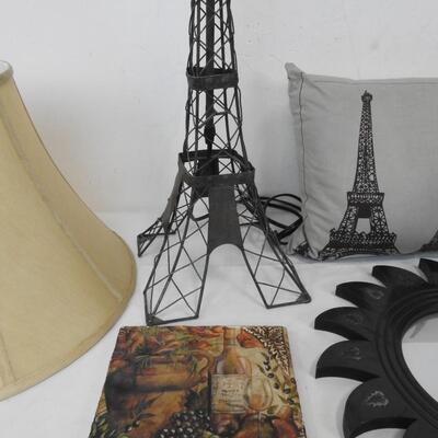 6 pc Home Decor: Paris Pillows, Eiffel Tower Lamp, Cafe, Wine, Sunburst