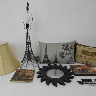 6 pc Home Decor: Paris Pillows, Eiffel Tower Lamp, Cafe, Wine, Sunburst