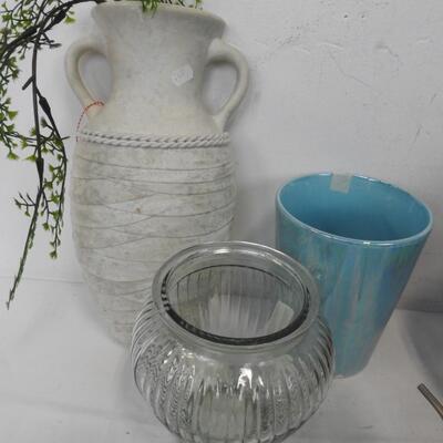 7 pc Brown & Aqua Beachy Decor: Oval Basket, Candle Holder, 2 Vases, 2 Plates