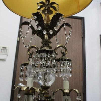 Large Gold Brass & Hanging Crystal Hollywood Regency Table Lamp