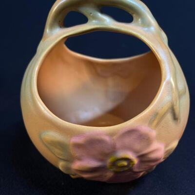 Weller Pottery Wild Rose Handled Basket Arts Crafts glaze