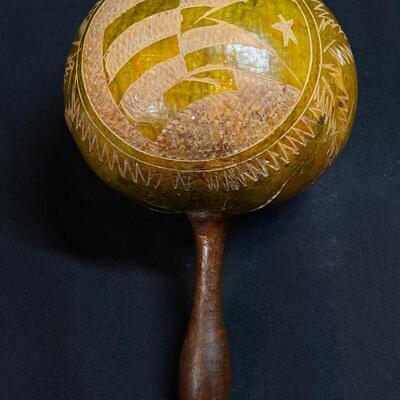 Single Vintage Cuban Natural Gourd Maraca marked Cuba