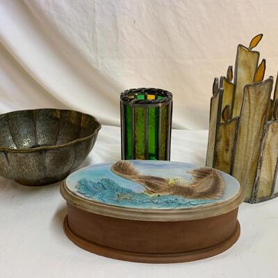 Stained Glass Votives, Floral Bowl w/ frog and pretty oval box