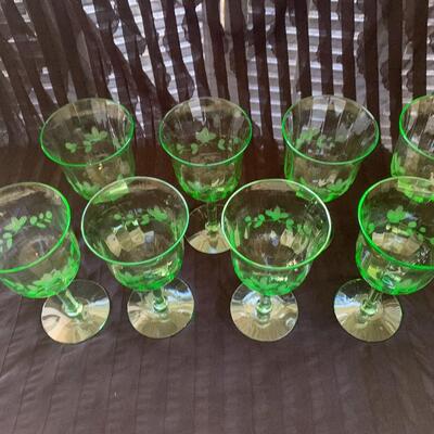 (8) Green Etched Crystal Wine Glasses- Beautiful