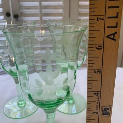 (8) Green Etched Crystal Wine Glasses- Beautiful