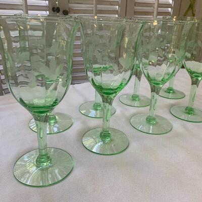 (8) Green Etched Crystal Wine Glasses- Beautiful