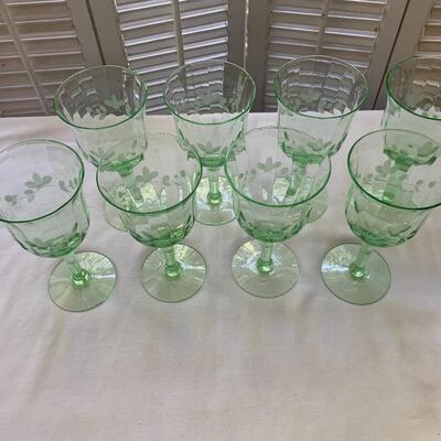 (8) Green Etched Crystal Wine Glasses- Beautiful