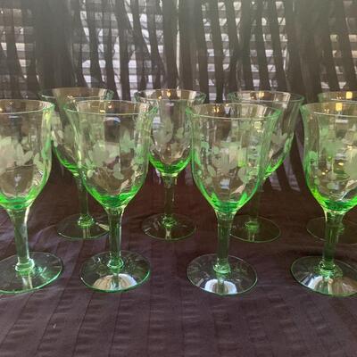 (8) Green Etched Crystal Wine Glasses- Beautiful