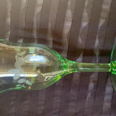 (8) Green Etched Crystal Wine Glasses- Beautiful