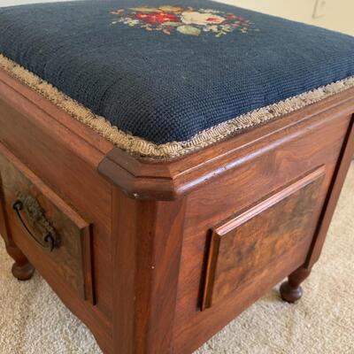 Stunning Antique Needle Point Solid Wood Stool w/ storage