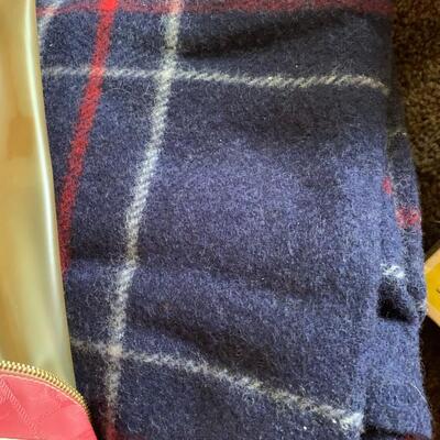 Lot of vintage scale, heating pad, blankets, travel pillow and wedge pillow.
