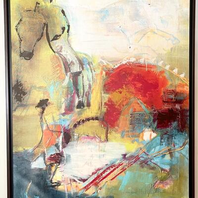 LOT 4    SIGNED Z GALLERIE ACRYLIC ABSTRACT PAINTING ON CANVAS DECORATIVE ART EQUESTRIAN THEME