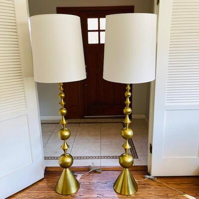 LOT 6  Pair Contemporary Brushed Brass Floor Lamps Geometric Base White Shades 65