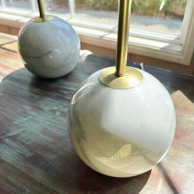 LOT 7  Pair Modern Design Table Lamps by Simon Blake Marble Ball Base Linen Shade 27
