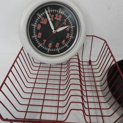 7 pc Kitchen: Toaster, 3 pans, Clock, Red Dish Drainer