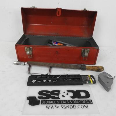 Red Tool Box with tools, wrenches pliers, ,hand turn socket wrench , etc