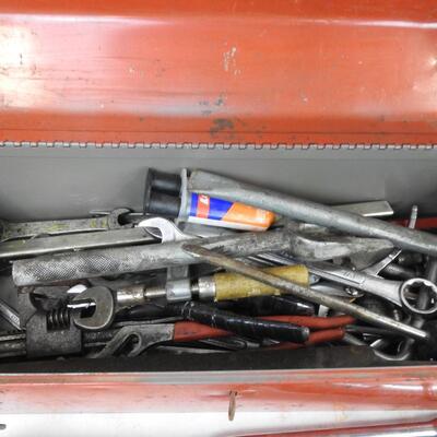 Red Tool Box with tools, wrenches pliers, ,hand turn socket wrench , etc