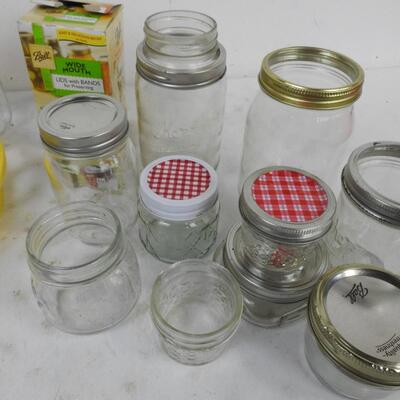 Canning Supplies: 13 various jars, plus various lids