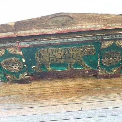 LOT 10   ASIAN INFLUENCE CARVED WOOD LOW LIDDED STORAGE TEMPLE CHEST w/TIGER
