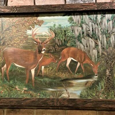 Lot #47  Kitschy Painting of Deer at a Stream - dated 1963