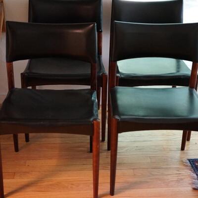 SET OF FOUR BLACK LEATHER WITH TEAK FRAME DINING CHAIRS