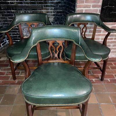 Classic leather Hickory Club Chairs (set of 4) with Green leather & nail head detail